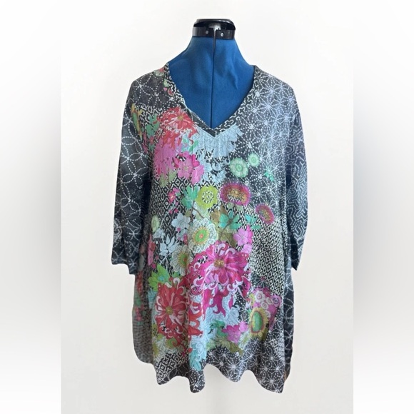 JOHNNY WAS Tani Embroidered Floral Print V Neck Tunic Top - Picture 2 of 10